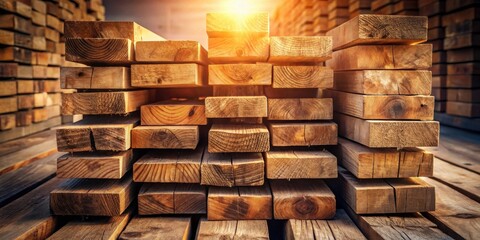 Poster - Golden Hour Lumber Stack  Neatly arranged planks of wood bathed in warm sunlight, showcasing natural wood grain and texture.