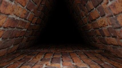 Wall Mural - moving forward inside dark triangular endless red brick tunnel. 3d render looped animation