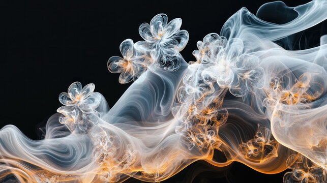 Abstract smoke flowers emerging from darkness, digital art composition