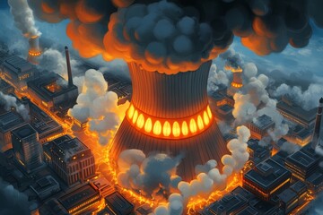 Poster - A pixel art depiction of a power plant with animated turbines and glowing electric sparks, set in a lively, colorful cityscape
