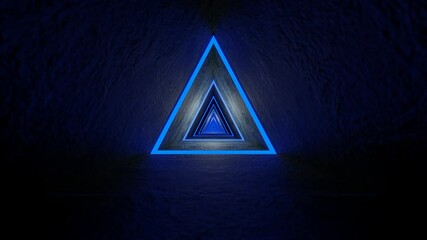 Wall Mural - moving forward inside dark triangular endless tunnel with blue glowing stripes. 3d render looped animation