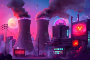 Poster - A pixel art depiction of a power plant with animated turbines and glowing electric sparks, set in a lively, colorful cityscape