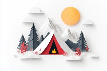Poster - A playful 2D depiction of a camper tent set up in the Utah wilderness, with mountains and a glowing fire drawn in simple shapes