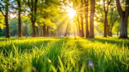 Poster - Golden sunlight streams through a verdant forest, illuminating a vibrant carpet of fresh green grass