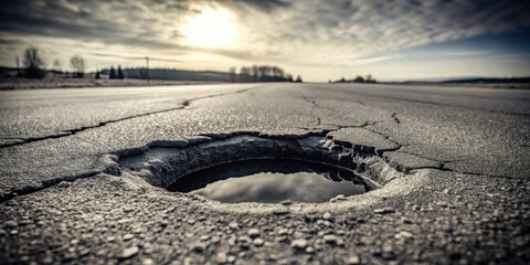Poster - A large pothole on a cracked asphalt road reflects a partly cloudy sky at sunset