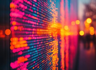 Poster - Vibrant Abstract Digital Art with Glowing Colorful Lights and Bokeh Effect Conveying Modern Technology, Data Visualization, and Energy in Urban Environment