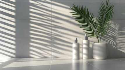 Wall Mural - Minimalist bathroom decor with plants and shadows