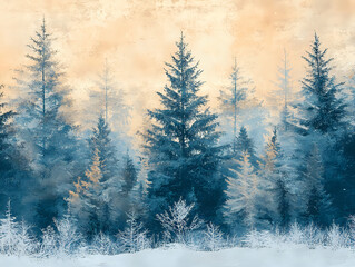 Wall Mural - Snow-laden pine forest under soft morning light in winter scene