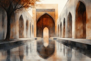 Poster - A serene watercolor depiction of a traditional Uzbek courtyard at sunset, with muted tones and soft light enhancing the intricate details of the space