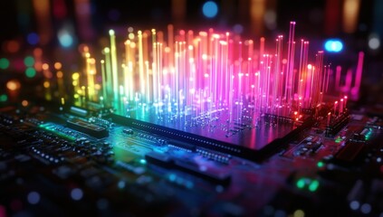 Poster - Vibrant Abstract Visualization of a Circuit Board with Colorful Light Patterns Representing Data Flow and electronic connectivity in a Digital Environment