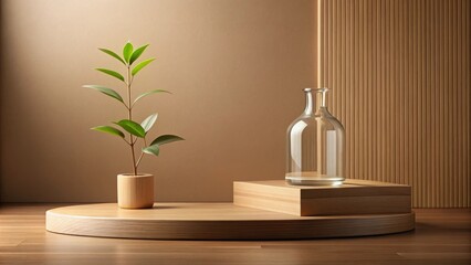 Aufkleber - Serene Minimalist Still Life with Plant and Glass Vessel on Wooden Display