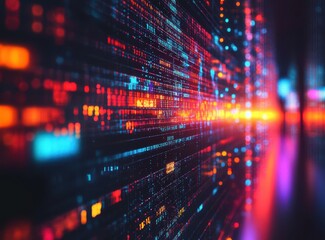 Poster - Vibrant Digital Data Stream with Colorful Light Patterns Representing Technology, Speed, and Connectivity in a High-Tech Environment