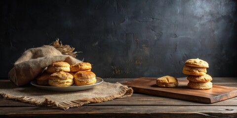 Poster - Rustic Still Life Featuring a Collection of Golden Brown Baked Goods on a Wooden Table