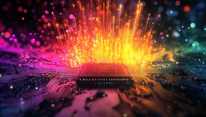 Poster - Vibrant Explosion of Digital Data and Microchip on a Circuit Board Representing Technology and Innovation in Computing Systems