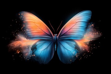 Poster - A soft watercolor painting of an isolated glowing butterfly under UV light, with delicate fluorescent patterns and a dreamy dark background