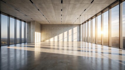 Poster - Vast empty modern office space with panoramic windows and sunlight streaming through