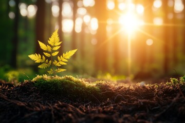 Poster - A sun-kissed forest with UV light filtering through the canopy, highlighting fluorescent moss and plants