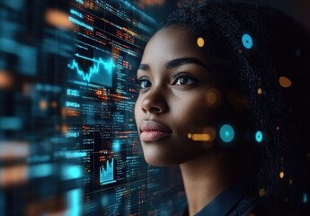 Poster - Young African American woman gazing thoughtfully at digital data projections, showcasing advanced technology, finance, and data analytics concepts in a modern setting