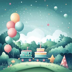 Wall Mural - Birthday celebration train with cake and balloons in fantasy landscape whimsical art style dreamy night sky playful concept