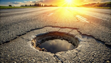 Poster - Severe road damage a large pothole reflecting the setting sun on a cracked asphalt road