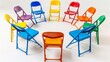 © Hassan - A group of colorful folding chairs arranged in a semicircle, ready for a small group discussion, on a white background.