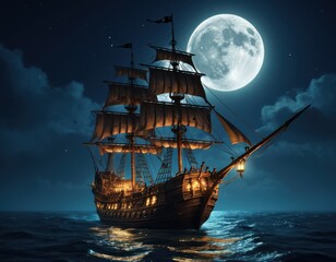 A pirate ship sailing at night with a full moon...Concept: Adventure, fantasy, nighttime voyage.