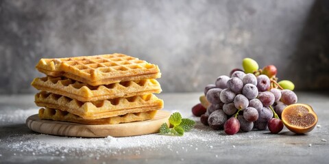 Poster - A delightful stack of golden waffles, dusted with powdered sugar, sits beside a cluster of sugared grapes and a fig slice on a rustic surface.