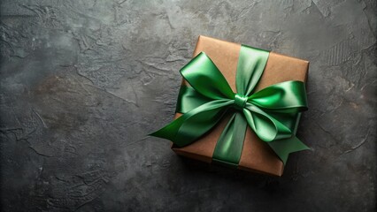 Wall Mural - A luxuriously wrapped gift box with a vibrant green satin ribbon bow, resting on a dark textured surface.