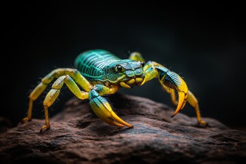 Poster - An isolated scorpion glowing bright green under UV light in a pitch-black desert setting