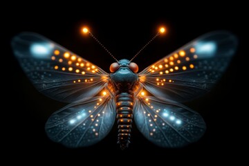 Poster - An isolated insect glowing brightly under UV light, with its wings displaying intricate fluorescent patterns