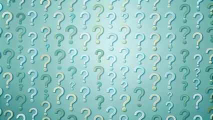 Poster - A Multitude of Pastel Question Marks on a Light Blue Background, Representing Inquiry and Uncertainty