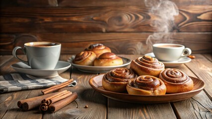 Poster - Warm Cinnamon Rolls and Steaming Coffee on Wooden Table
