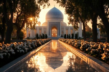 Poster - The blue-tiled Chashma-Ayub Mausoleum in Bukhara, surrounded by serene gardens and soft light filtering through the trees