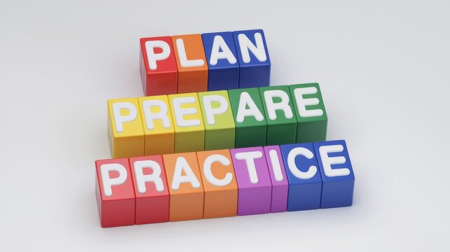 3D Colorful Blocks with Plan, Prepare, Practice, Perform Text on White Background
