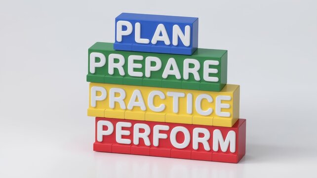 3D Colorful Blocks with Plan, Prepare, Practice, Perform Text on White Background