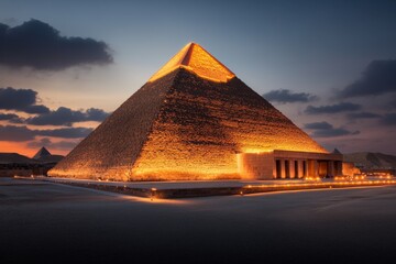 Poster - The pyramid bathed in golden light during a special evening illumination event, highlighting its intricate details