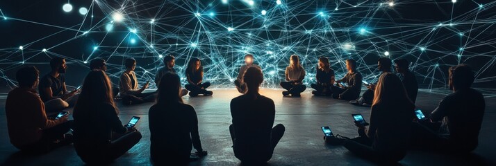 Leinwandbilder - Group of individuals gather in a circle during night, using glowing phones connected by illuminated digital lines. Generative AI