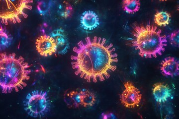Fototapete - Colorful depiction of magnified viruses showcasing intricate structures and vibrant details in a scientific visualization. Generative AI