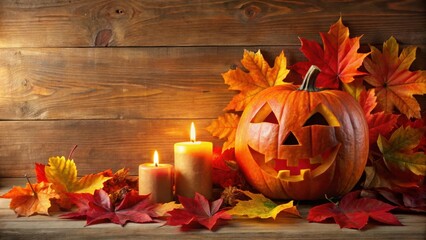 Poster - Autumnal Jack-o'-lantern with Burning Candles and Colorful Leaves on Rustic Wooden Background