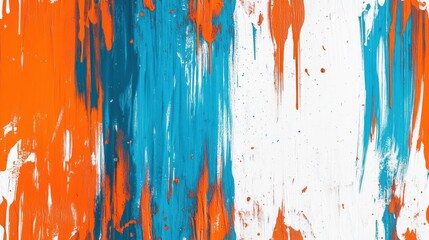 Poster - vibrant abstract acrylic art in blue and orange tones with neon drips and paint texture on bright ca
