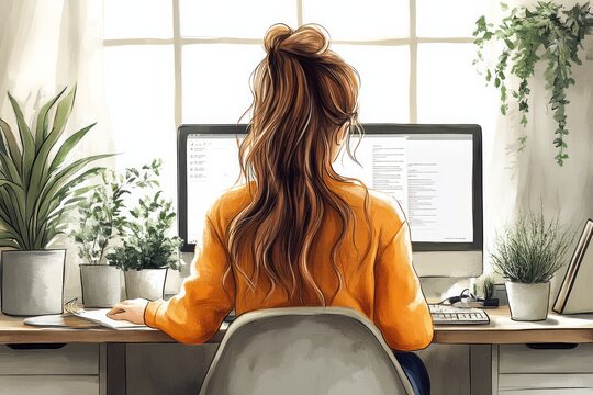  a girl sitting in the front of computer, working 