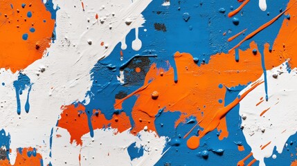 Poster - Abstract Neon Paint Splatter on Canvas Featuring Bright Orange, White, and Blue Colors for Vibrant Artistic Aesthetics and Dynamic Composition