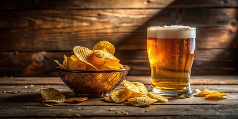 Poster - Crisp potato chips in a wire basket beside a frothy glass of golden beer on a rustic wooden table