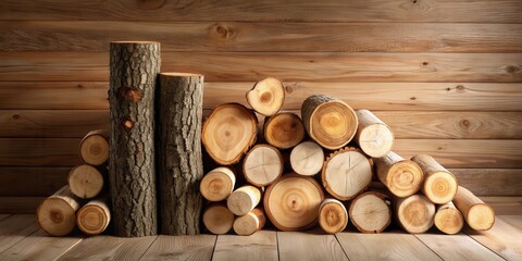 Poster - A rustic arrangement of stacked wood logs against a wooden wall