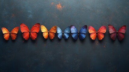 Vibrant Colorful Butterflies on Dark Background red art blue wall     