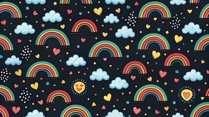 Aufkleber - Joyful Rainbow Pattern with Hearts and Clouds on Dark Background