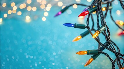 A cluster of colorful Christmas lights arranged in a pattern against a bright blue and light teal backdrop with subtle gold accents adding depth to the bokeh effect, teal decorations, holiday decor