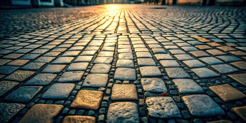 Leinwandbilder - Cobblestone street bathed in the warm glow of the setting sun, a picturesque perspective