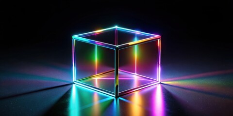 Poster - Illuminated Cube A vibrant, multicolored, translucent cube with glowing edges casts rainbow reflections on a dark surface.