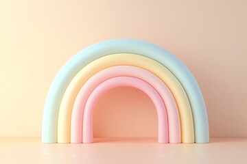 Poster - Playful rainbow-shaped podium in soft pastel colors creating a cheerful and modern atmosphere on a light neutral surface with ample space for text overlay